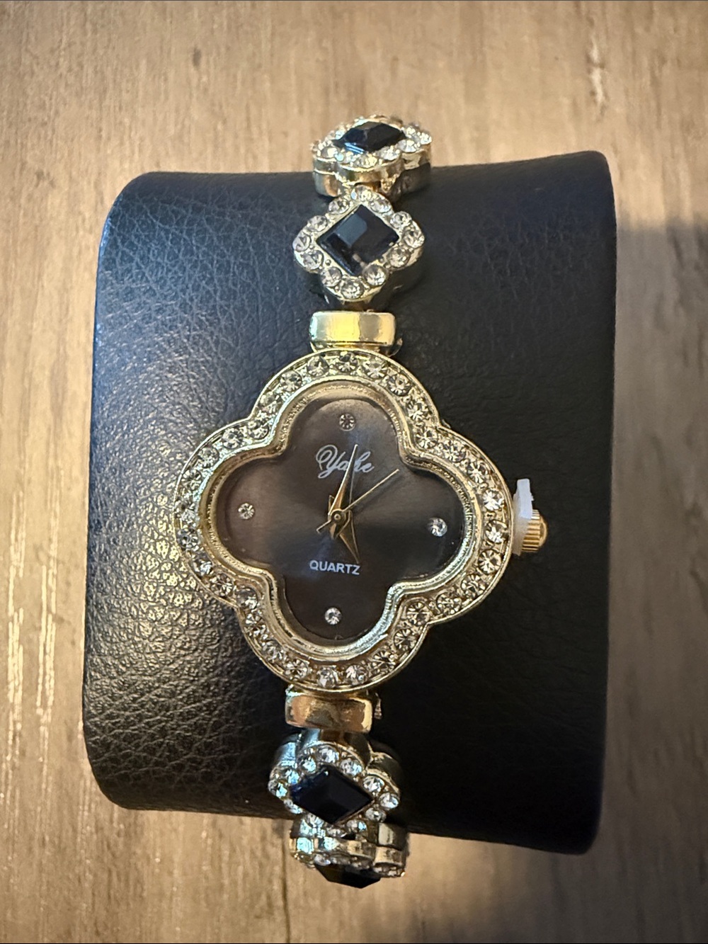 Gold-Tone Black Crystal Clover Watch Bracelet - Women Jewelry